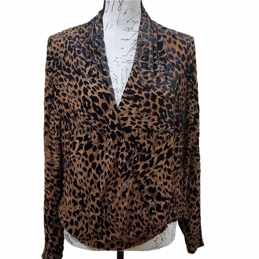 L'Agence Ladies Size Small Brown Lydia Animal Print Burnout Drape Wrap Blouse